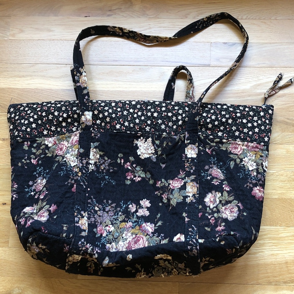 Scandia Quilted Black Floral Tote Bag with Dual Shoulder Straps